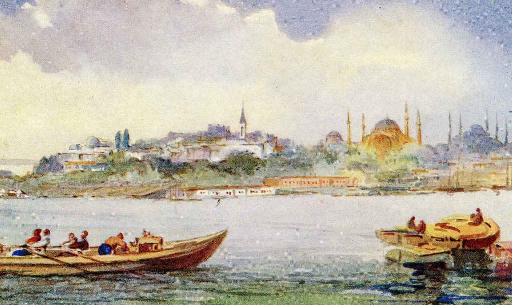 Across the Bosphorus to Constantinople-Istanbul. A card by E.F.Rochat sent home by my grandfather, Ilay, in 1920.