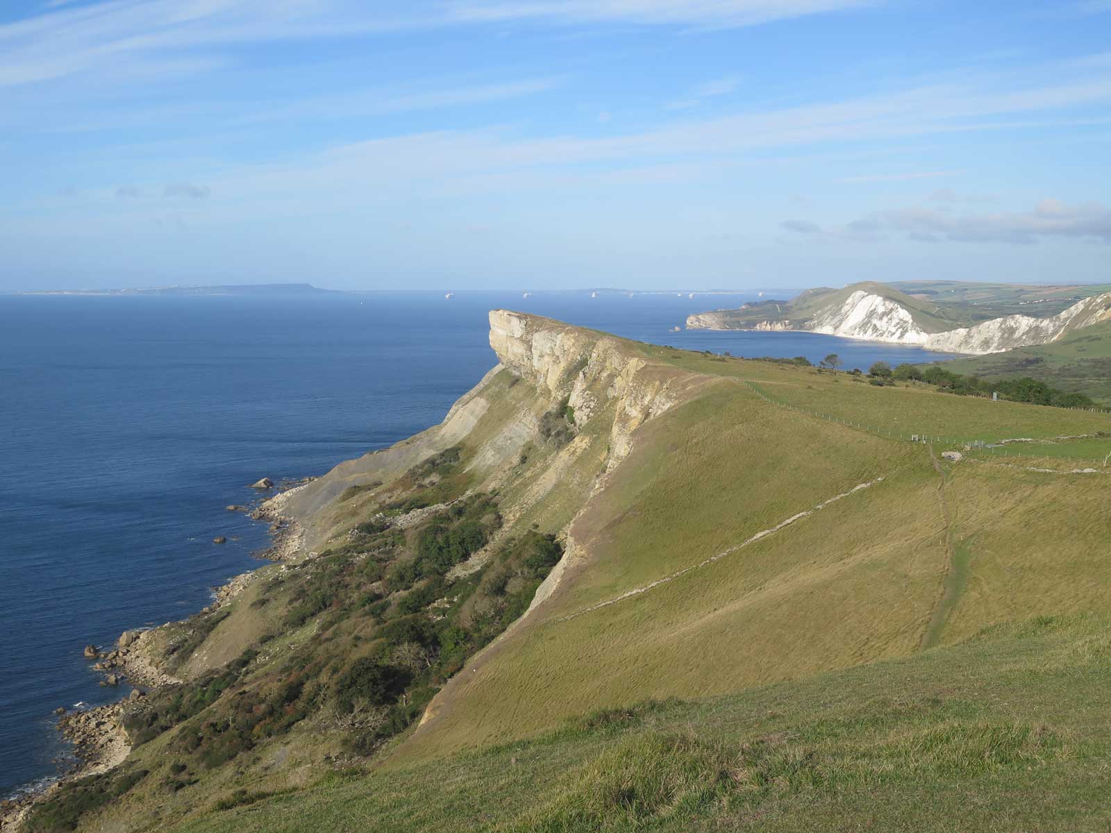 Gad Cliff. Behind it is (left) the island of Portland and (right) Worbarrow Bay. Distant white dots are moored cruise ships.