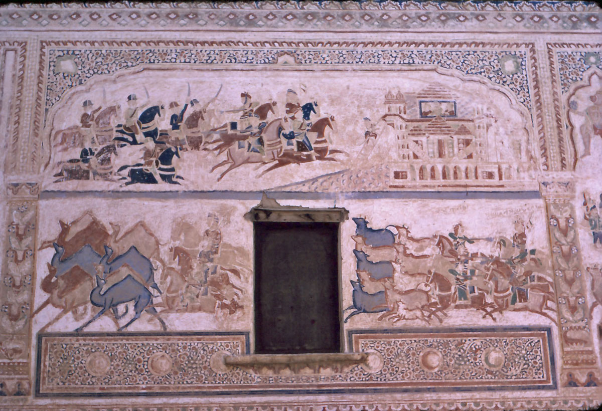 This whole panel on a Sardarshahr haveli probably refers to Dungarji and Jawaharji. Top left, British pursue them. Right, Dungarji escapes from jail. Below, both steal livestock and fight off the British.