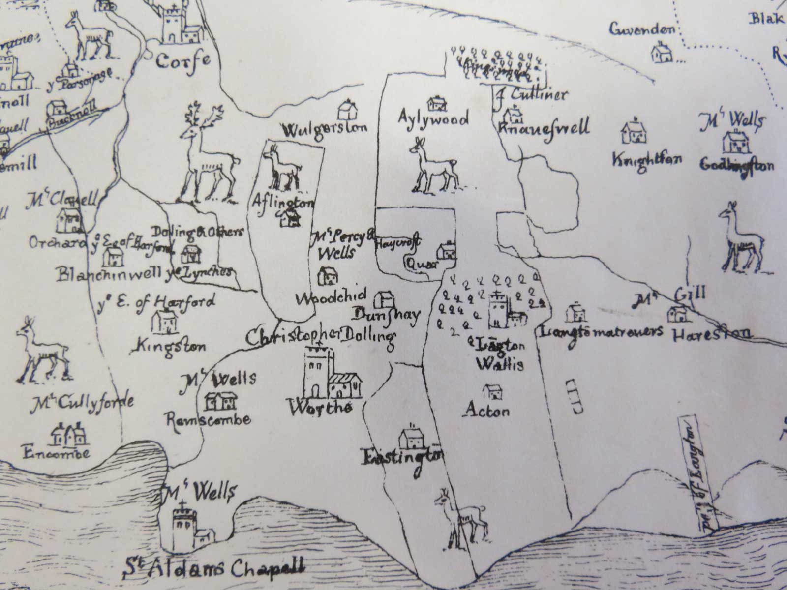 Treswell's 1585 map shows some Purbeck estates and their owners. Dunshay (centre) was then held by Christopher Dolling.
