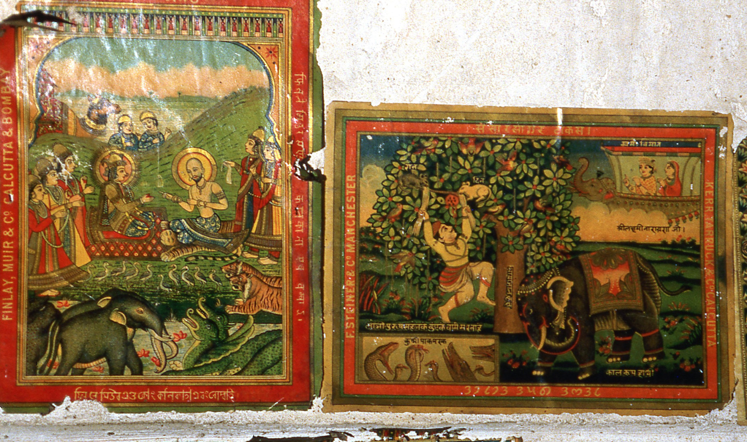 Late 19th century textile labels glued to a haveli wall. That on the right, printed by a Manchester company. inspired several copies on walls in Mandawa. The other, illustrating the Laila-Majnu tale. was also copied