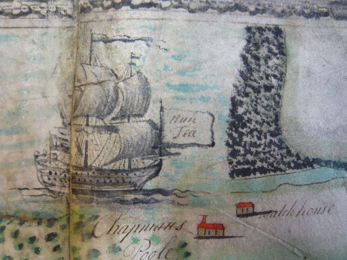 Detail of a 1737 map showing a sailing vessel approaching Chapmans Pool. On the flag is 'Rum Tea', both important smuggled goods. (courtesy Dorset History Centre)