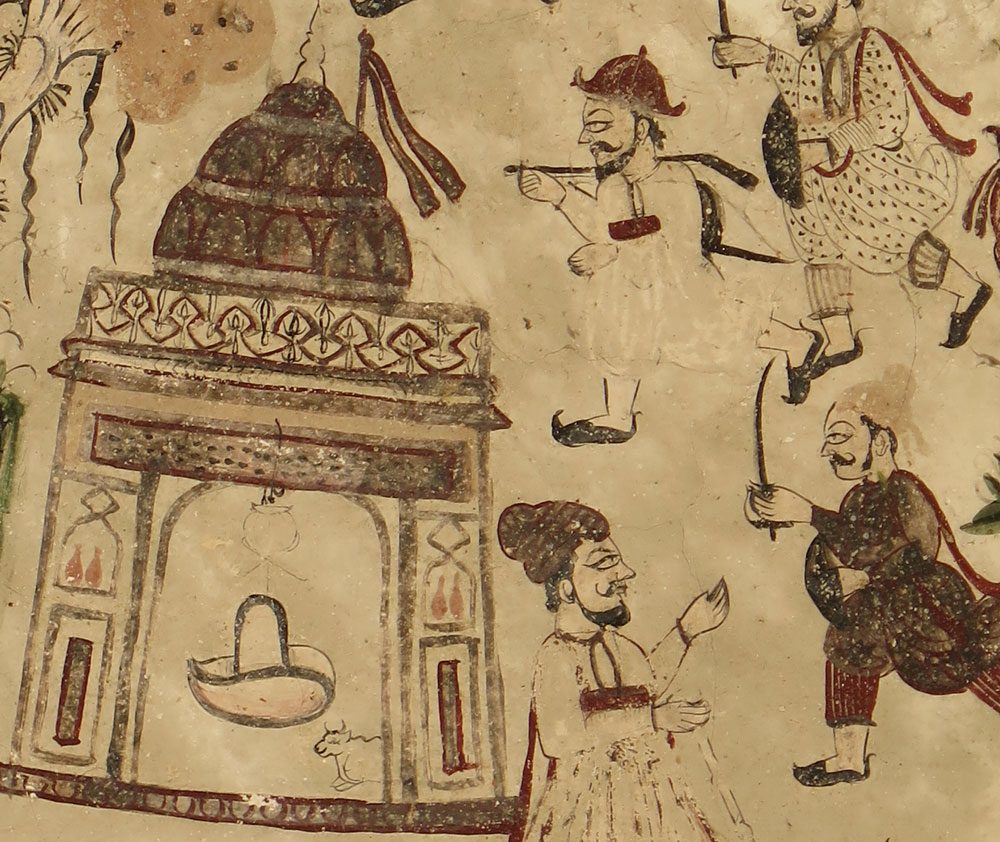 Beside the dome of a little Shiva Temple is a European mercenary wearing a hat, a musket on his shoulder. Detail in a chhatri dated 1776.